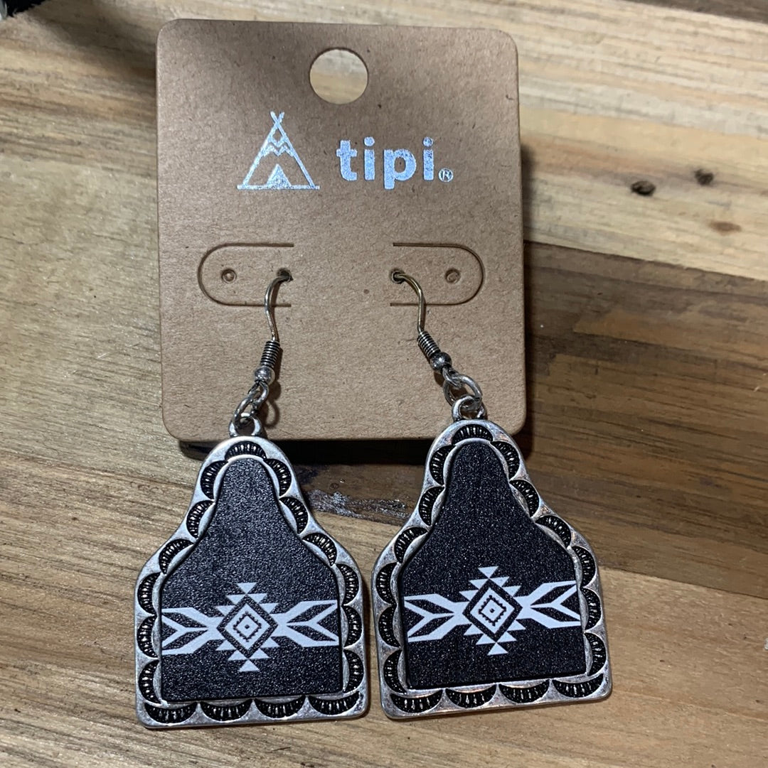 Silver and Black Cattle Tag Earrings