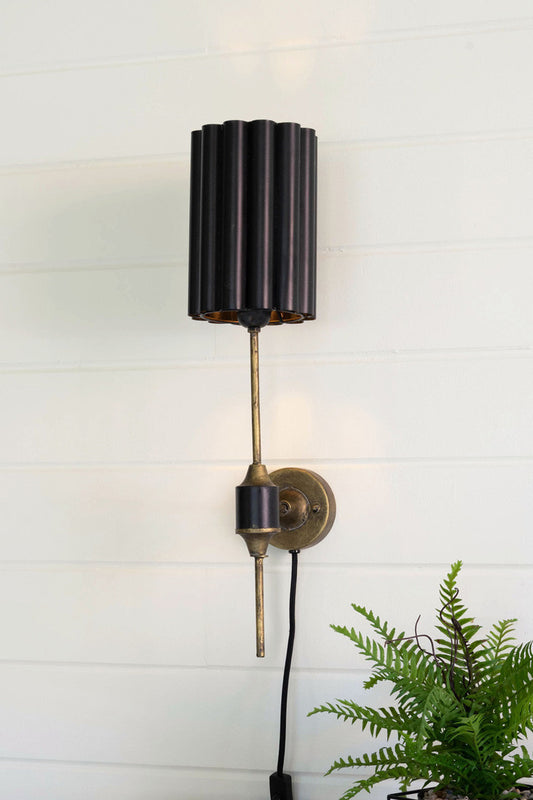 Antique Gold Wall Lamp With Fluted Black Metal Shade