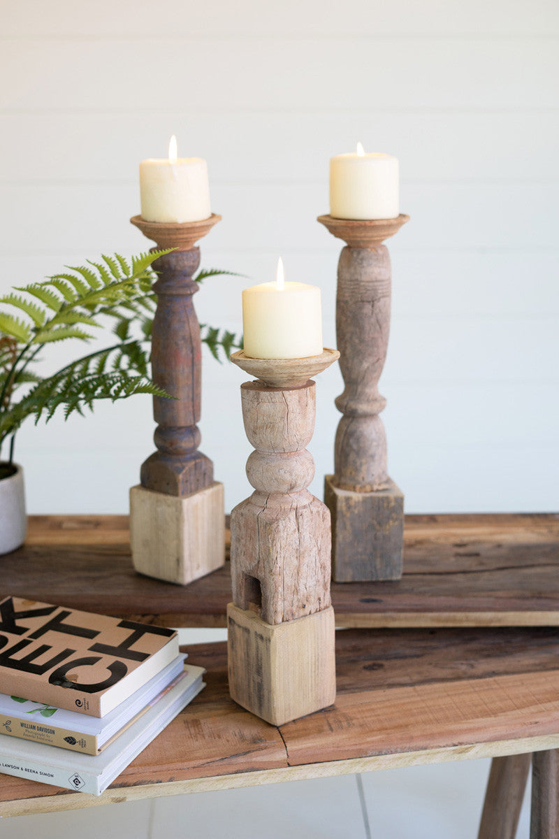 Assorted Wooden Reclaimed Banister Candle Stands - Set Of 3