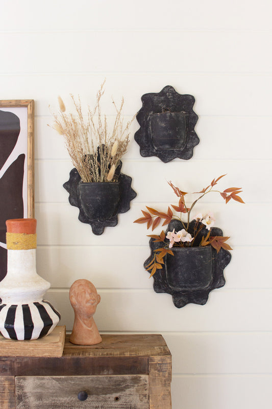 Black Wavy Clay Wall Planters - Set Of 3