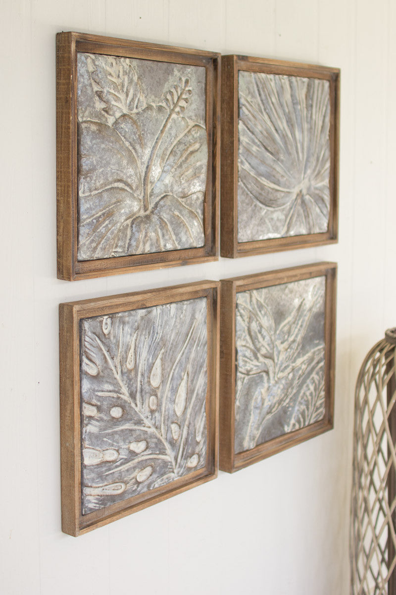 Framed Tropical Pressed Metal Tiles - Set Of 4