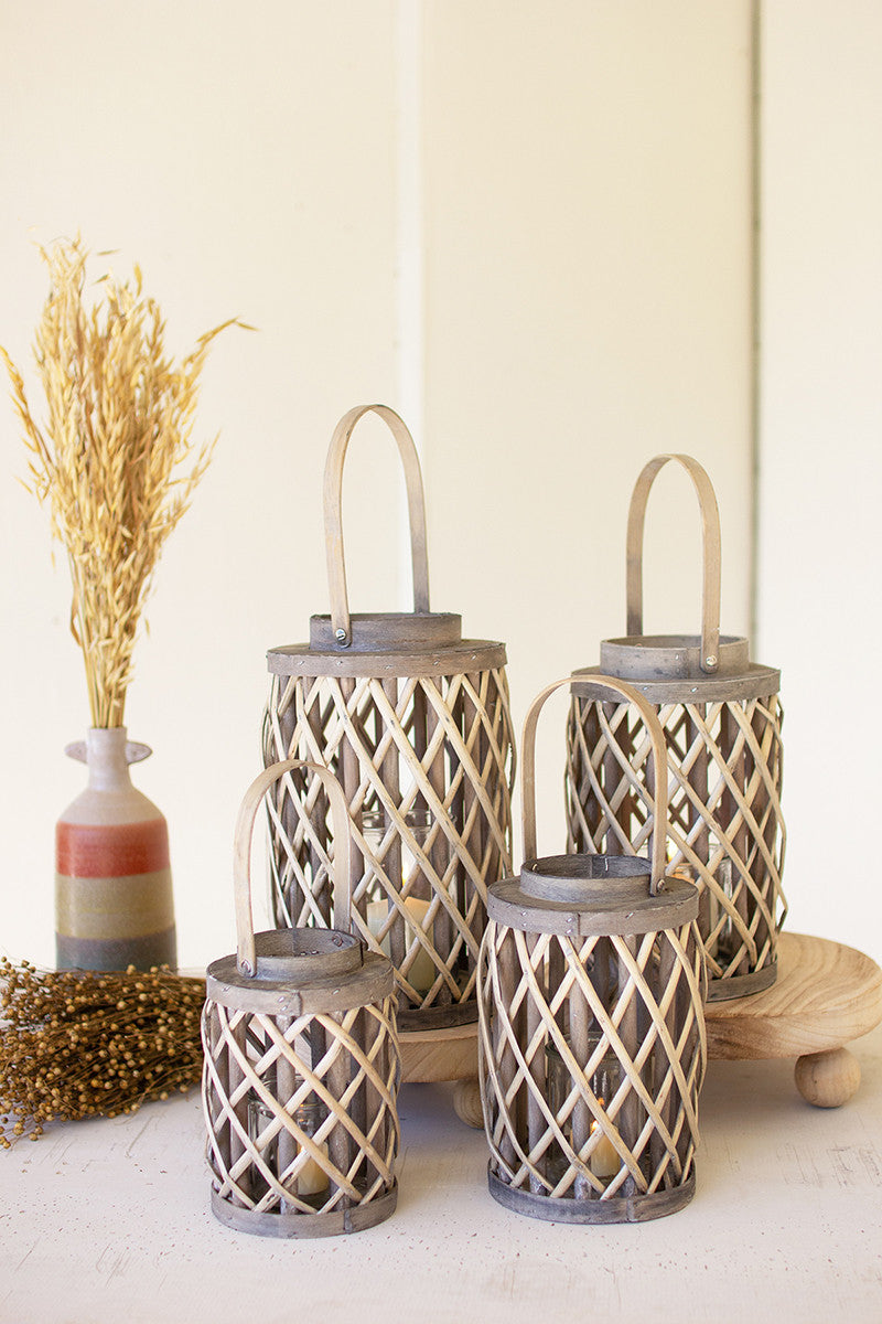 Grey Willow Cylinder Lanterns W Glass Inserts - Set Of 4