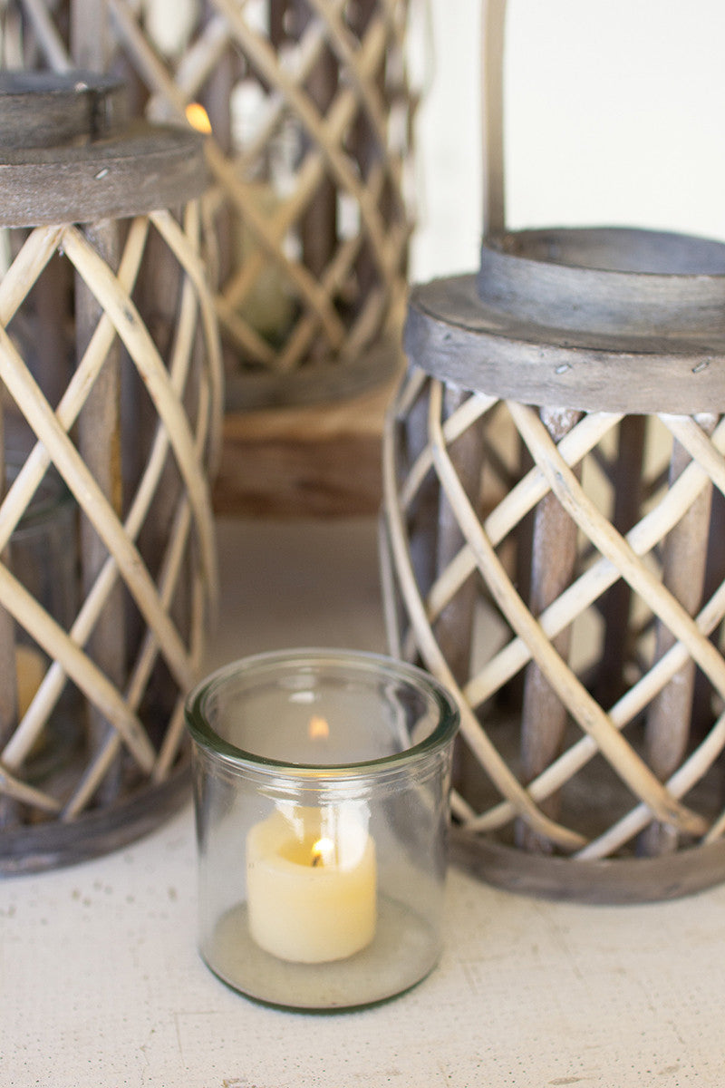 Grey Willow Cylinder Lanterns W Glass Inserts - Set Of 4