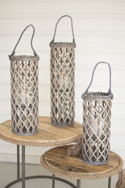 Grey Willow Lanterns With Glass - Set Of 3