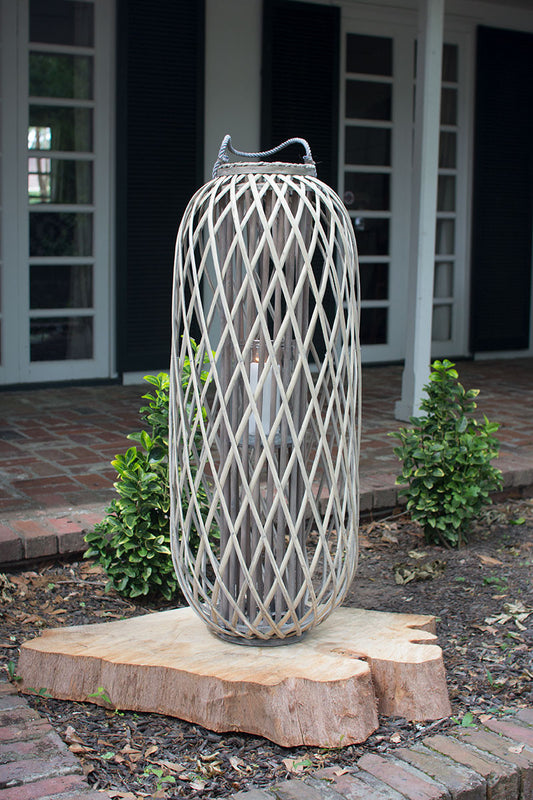 Tall Grey Willow Lantern With Glass - Large