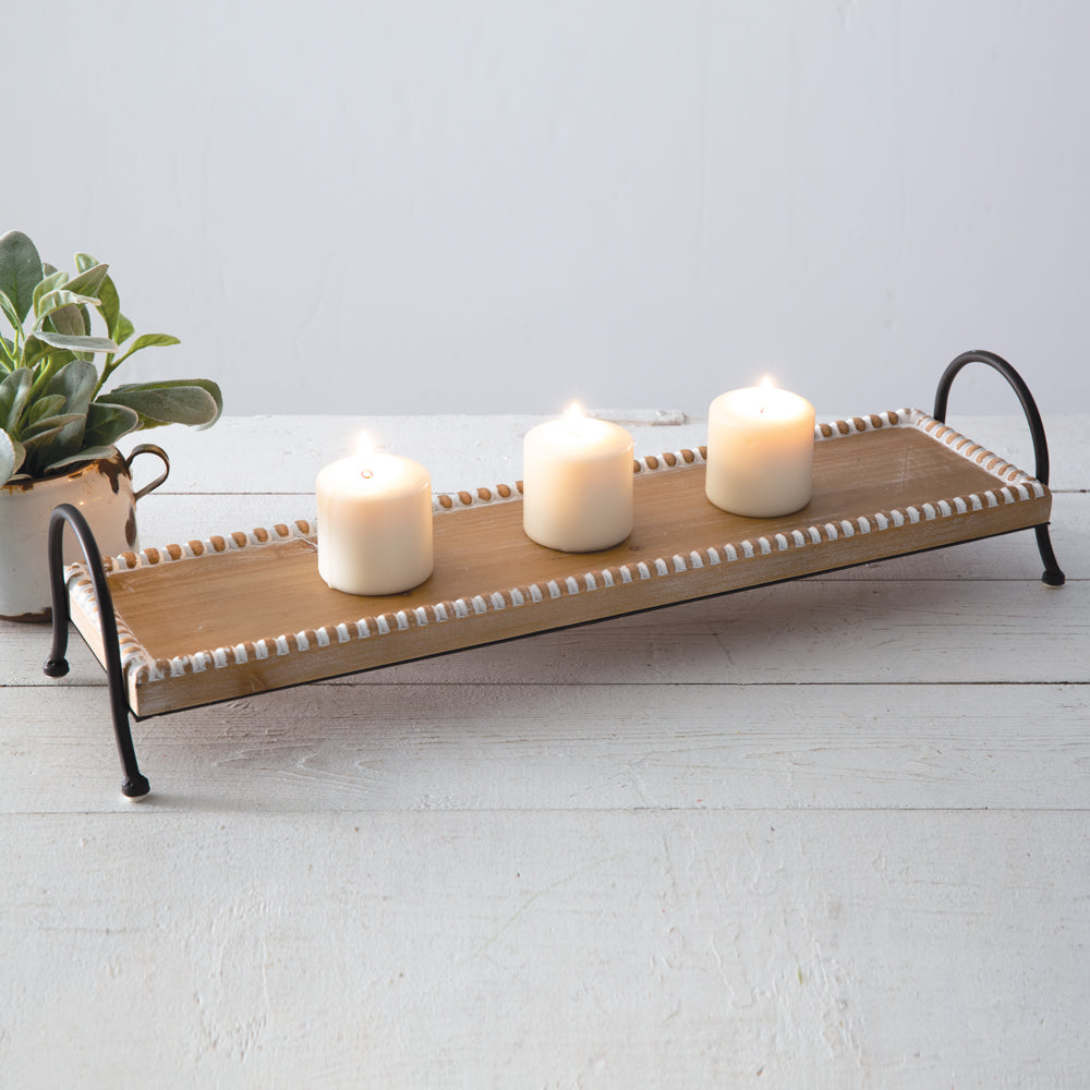 Beaded Wood and Metal Tray for Rustic Modern Home